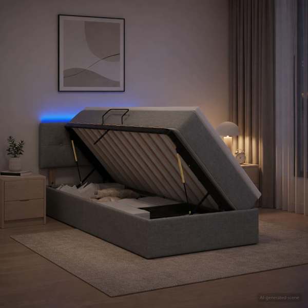 LED-valgustusega voodiraam peatsiga koos madratsiga, helehall, 90 × 190 cm, kangas — mudel 3459030