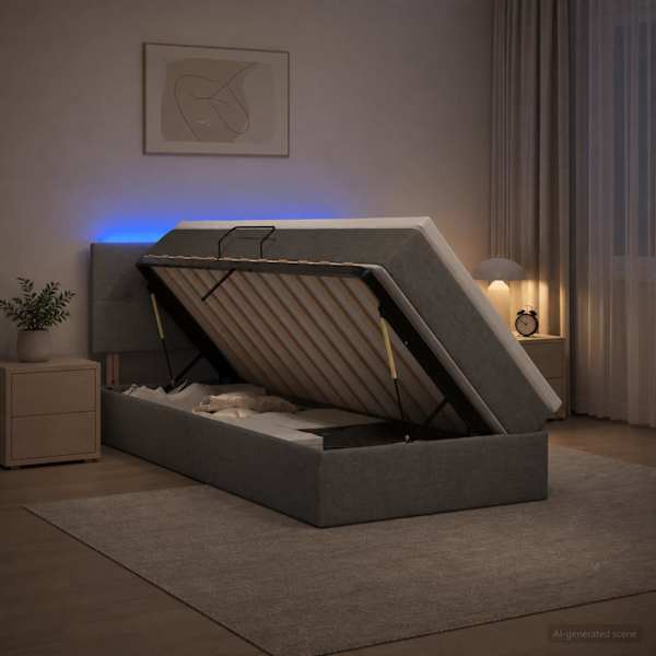 LED-valgustusega voodiraam peatsiga koos madratsiga, tumehall, 90 × 190 cm, kangas — mudel 3459031
