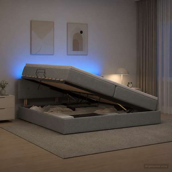 LED-valgustusega voodiraam peatsiga koos 2 madratsiga, helehall, 200 × 200 cm, kangas — mudel 3459084
