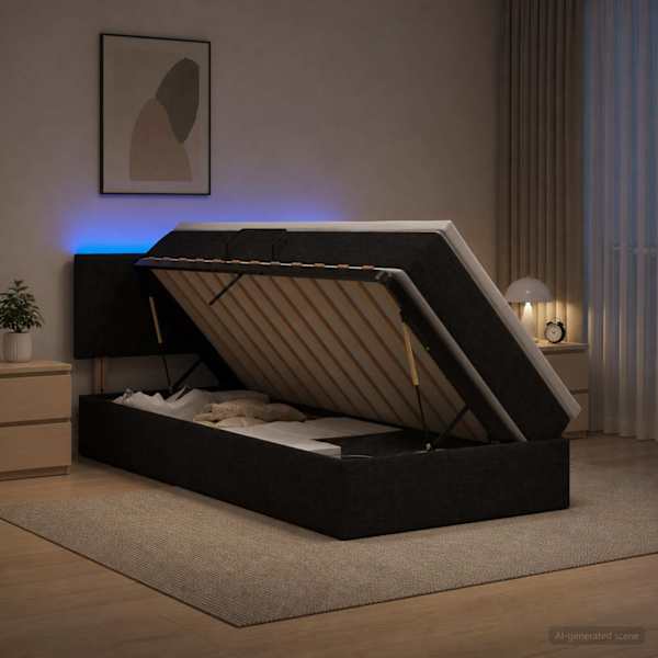 LED-valgustusega voodiraam peatsiga koos madratsiga, must, 90 × 190 cm, kangas — mudel 3459095