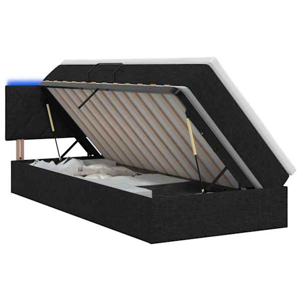 LED-valgustusega voodiraam peatsiga koos madratsiga, must, 90 × 190 cm, kangas — mudel 3459095