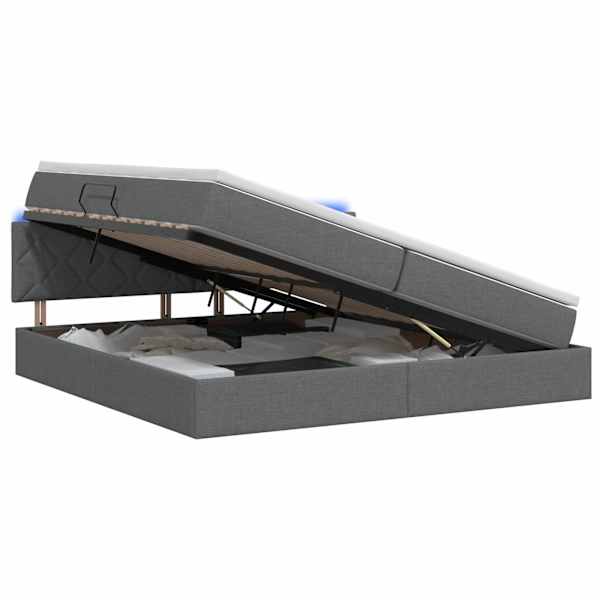 LED-valgustusega voodiraam peatsiga koos 2 madratsiga, tumehall, 200 × 200 cm, kangas — mudel 3459148