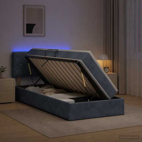 LED-valgustusega voodiraam peatsiga koos madratsiga, tumehall, 90 × 190 cm, samet — mudel 3459157