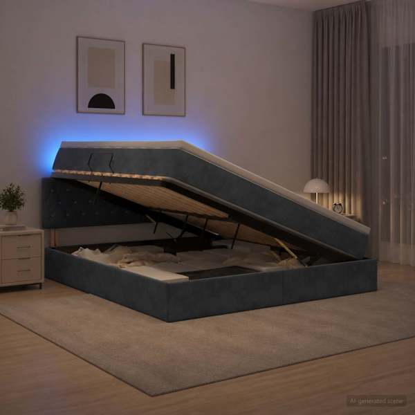 LED-valgustusega voodiraam peatsiga koos madratsiga, tumehall, 180 × 200 cm, samet — mudel 3459205