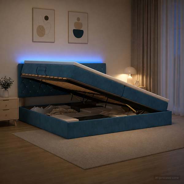 LED-valgustusega voodiraam peatsiga koos 2 madratsiga, tumesinine, 200 × 200 cm, samet — mudel 3459214
