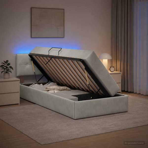 LED-valgustusega voodiraam peatsiga koos madratsiga, helehall, 90 × 190 cm, samet — mudel 3459216