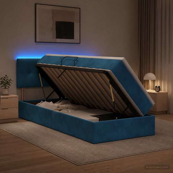 LED-valgustusega voodiraam peatsiga koos madratsiga, tumesinine, 90 × 190 cm, samet — mudel 3459220