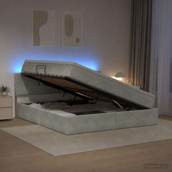 LED-valgustusega voodiraam peatsiga koos madratsiga, helehall, 180 × 200 cm, samet — mudel 3459264