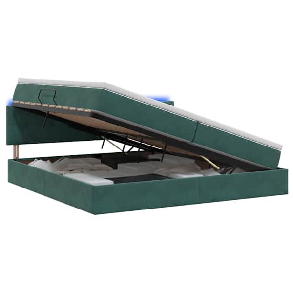 LED-valgustusega voodiraam peatsiga koos 2 madratsiga, tumeroheline, 200 × 200 cm — mudel 3459273