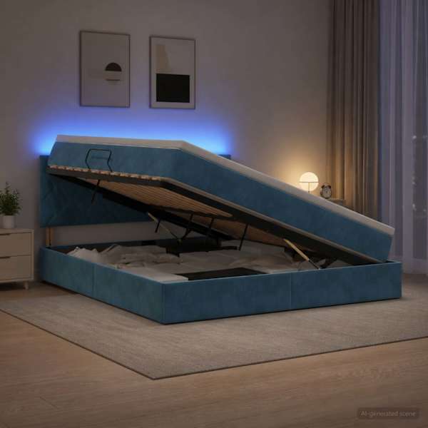 LED-valgustusega voodiraam peatsiga koos madratsiga, tumesinine, 180 × 200 cm, samet — mudel 3459328