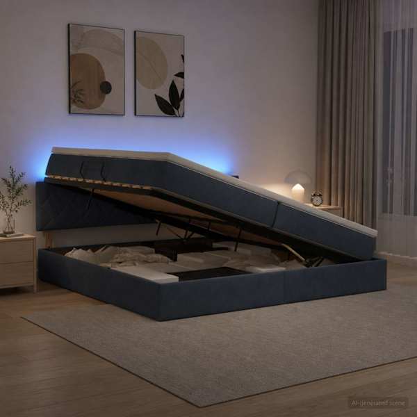 LED-valgustusega voodiraam peatsiga koos 2 madratsiga, tumehall, 200 × 200 cm, samet — mudel 3459331