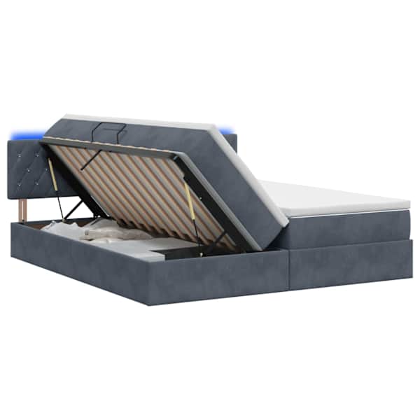 LED-valgustusega voodiraam peatsiga koos 2 madratsiga, tumehall, 200 × 200 cm, samet — mudel 3459379