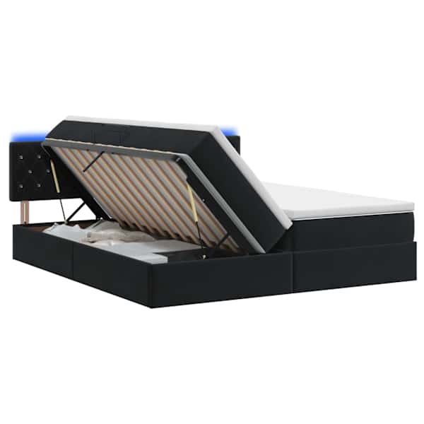 LED-valgustusega voodiraam peatsiga koos 2 madratsiga, must, 200 × 200 cm, samet — mudel 3459380