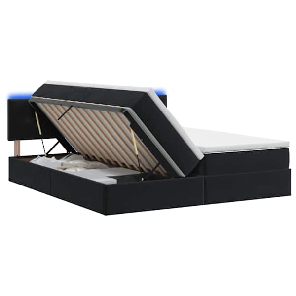 LED-valgustusega voodiraam peatsiga koos 2 madratsiga, must, 180 × 200 cm, samet