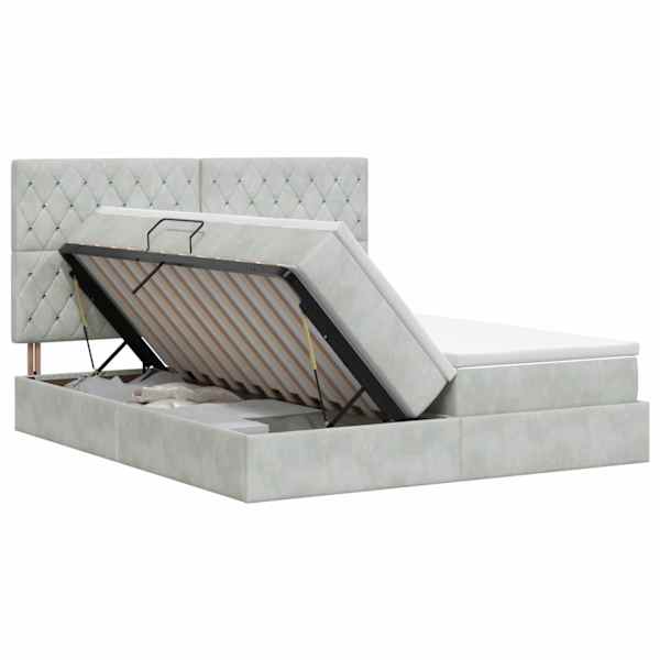 Panipaigaga voodiraam peatsiga koos 2 madratsiga, helehall, 180 × 200 cm, samet