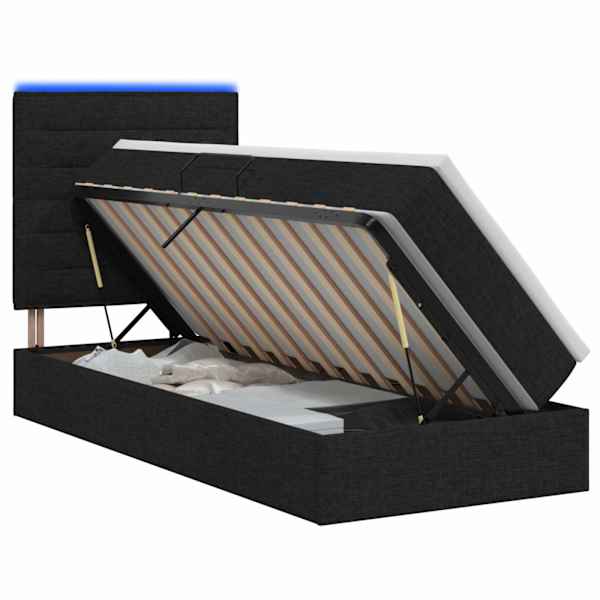LED-valgustusega voodiraam peatsiga koos madratsiga, must, 90 × 200 cm, kangas — mudel 3459857