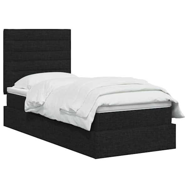 LED-valgustusega voodiraam peatsiga koos madratsiga, must, 90 × 200 cm, kangas — mudel 3459857
