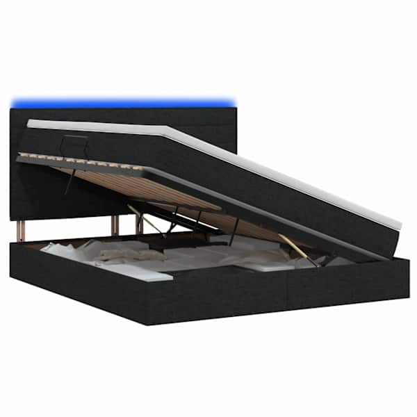 LED-valgustusega voodiraam peatsiga koos madratsiga, must, 180 × 200 cm, kangas — mudel 3459899