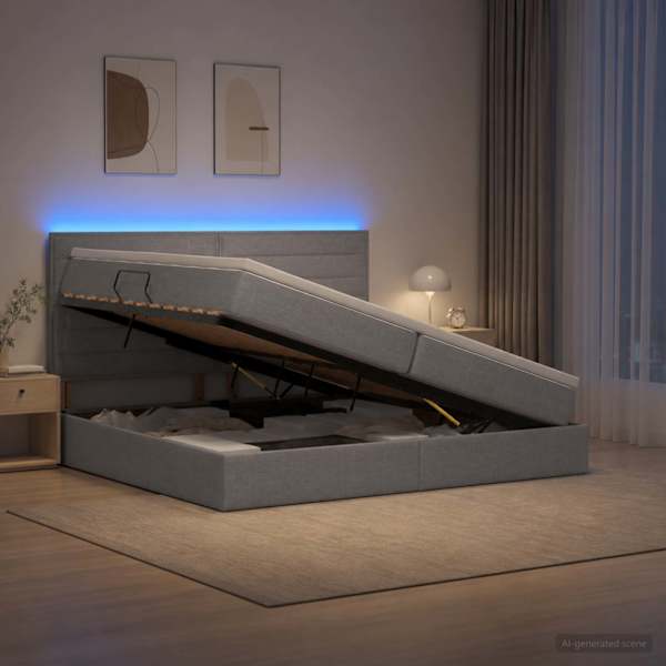 LED-valgustusega voodiraam peatsiga koos 2 madratsiga, helehall, 200 × 200 cm, kangas — mudel 3459903