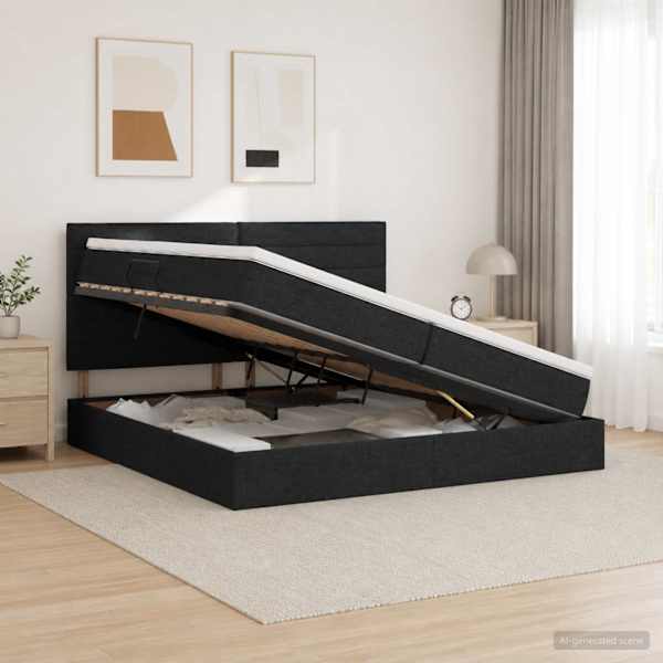 LED-valgustusega voodiraam peatsiga koos 2 madratsiga, must, 200 × 200 cm, kangas — mudel 3459905