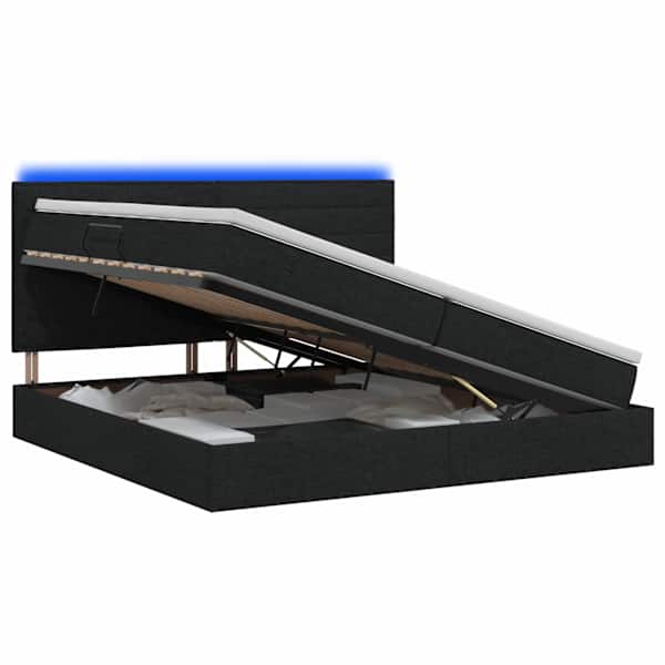 LED-valgustusega voodiraam peatsiga koos 2 madratsiga, must, 200 × 200 cm, kangas — mudel 3459905