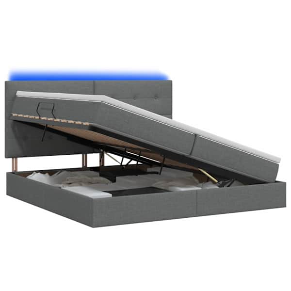 LED-valgustusega voodiraam peatsiga koos 2 madratsiga, tumehall, 200 × 200 cm, kangas — mudel 3459967