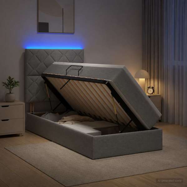 LED-valgustusega voodiraam peatsiga koos madratsiga, helehall, 90 × 190 cm, kangas — mudel 3459975