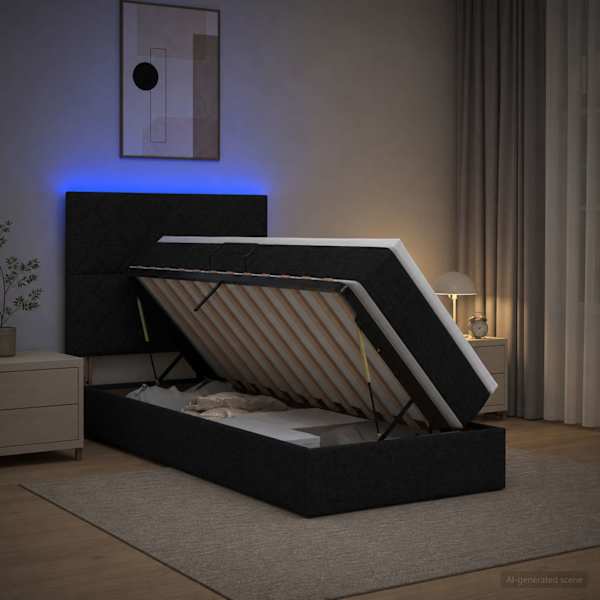 LED-valgustusega voodiraam peatsiga koos madratsiga, must, 90 × 190 cm, kangas — mudel 3459977