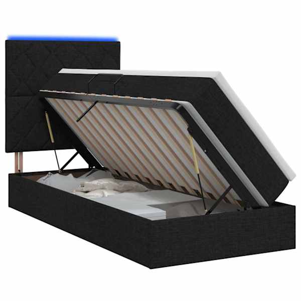 LED-valgustusega voodiraam peatsiga koos madratsiga, must, 90 × 190 cm, kangas — mudel 3459977