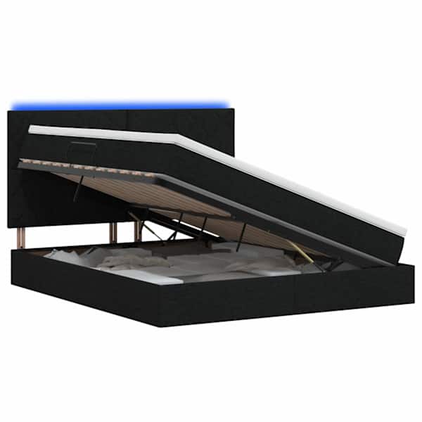 LED-valgustusega voodiraam peatsiga koos madratsiga, must, 140 × 190 cm, kangas — mudel 3460007