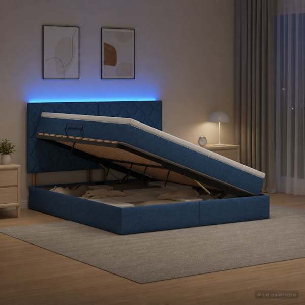 LED-valgustusega voodiraam peatsiga koos madratsiga, sinine, 180 × 200 cm, kangas — mudel 3460028