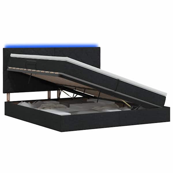 LED-valgustusega voodiraam peatsiga koos 2 madratsiga, must, 200 × 200 cm, kangas — mudel 3460031