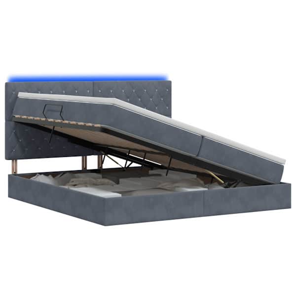LED-valgustusega voodiraam peatsiga koos 2 madratsiga, tumehall, 200 × 200 cm, samet — mudel 3460093