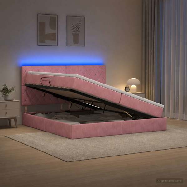 LED-valgustusega voodiraam peatsiga koos 2 madratsiga, roosa, 200 × 200 cm, samet — mudel 3460097