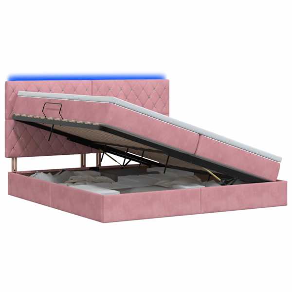 LED-valgustusega voodiraam peatsiga koos 2 madratsiga, roosa, 200 × 200 cm, samet — mudel 3460097