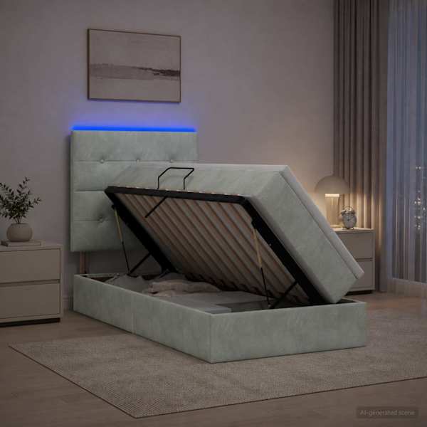LED-valgustusega voodiraam peatsiga koos madratsiga, helehall, 90 × 190 cm, samet — mudel 3460098