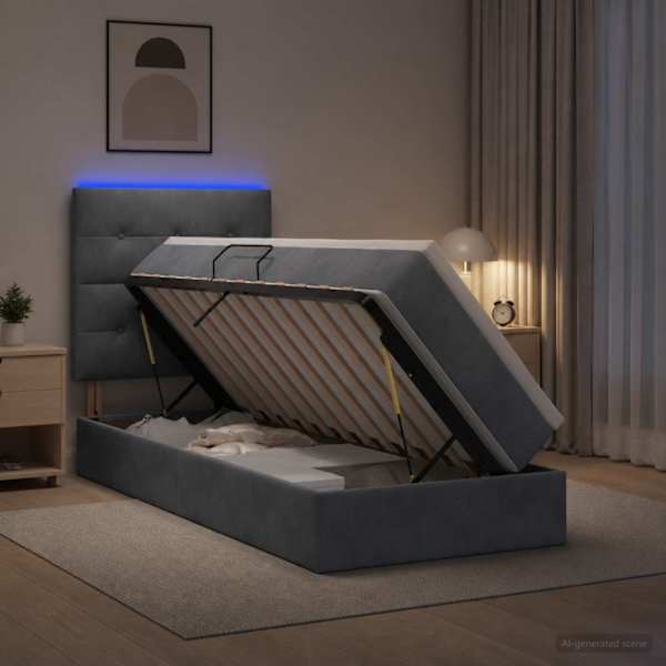 LED-valgustusega voodiraam peatsiga koos madratsiga, tumehall, 90 × 190 cm, samet — mudel 3460099