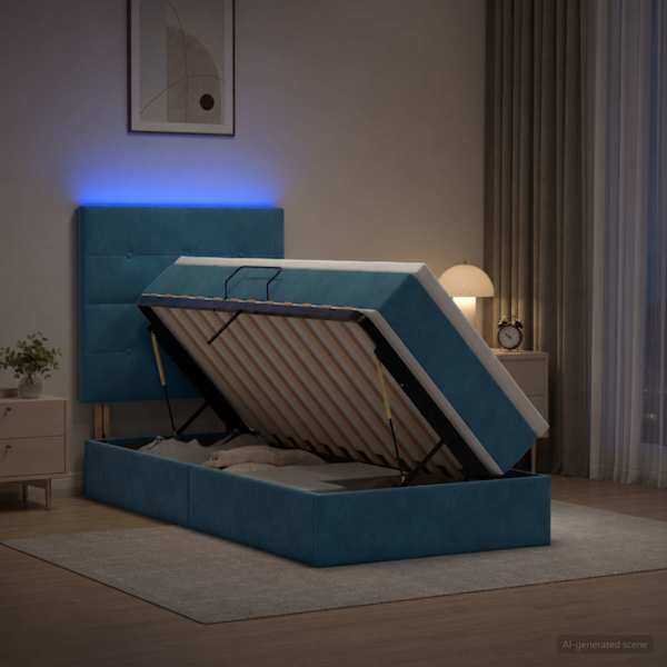LED-valgustusega voodiraam peatsiga koos madratsiga, tumesinine, 90 × 190 cm, samet — mudel 3460102