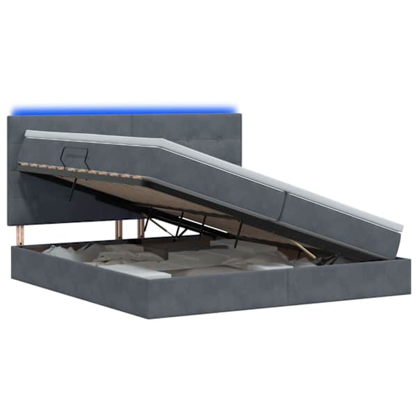 LED-valgustusega voodiraam peatsiga koos 2 madratsiga, tumehall, 200 × 200 cm, samet — mudel 3460153