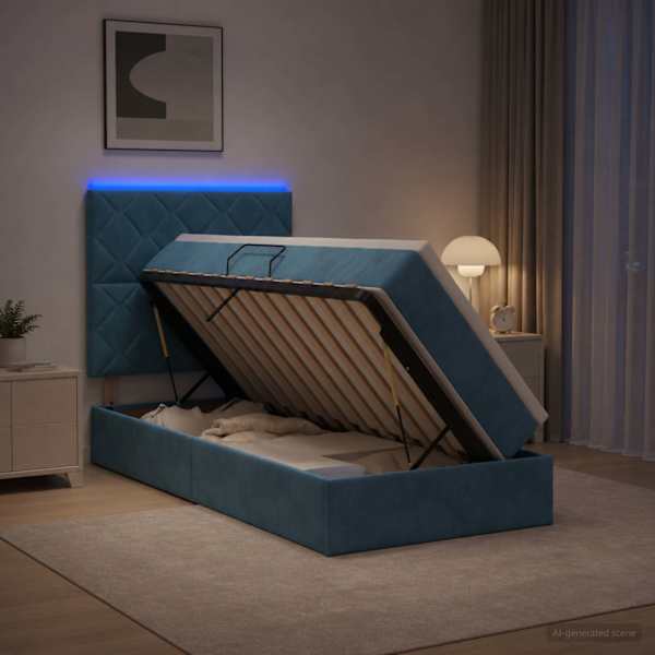 LED-valgustusega voodiraam peatsiga koos madratsiga, tumesinine, 90 × 190 cm, samet — mudel 3460162