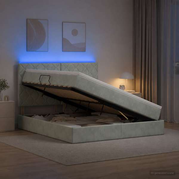 LED-valgustusega voodiraam peatsiga koos madratsiga, helehall, 180 × 200 cm, samet — mudel 3460206
