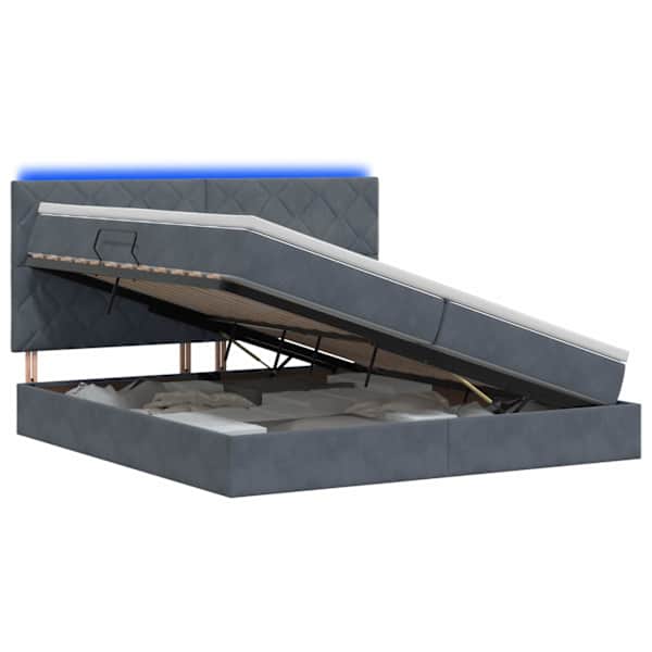 LED-valgustusega voodiraam peatsiga koos 2 madratsiga, tumehall, 200 × 200 cm, samet — mudel 3460213