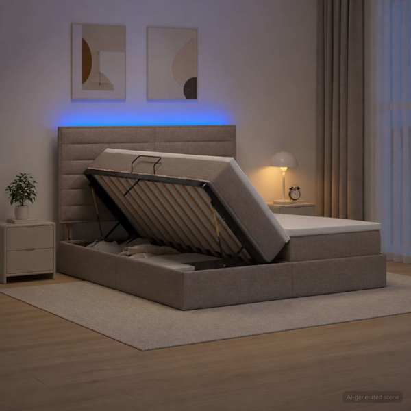 LED-valgustusega voodiraam peatsiga koos 2 madratsiga, pruunikashall, 180 × 200 cm — mudel 3460221