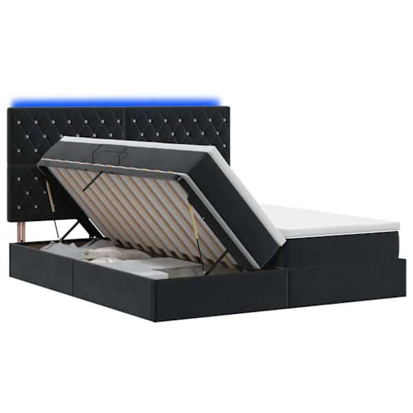 LED-valgustusega voodiraam peatsiga koos 2 madratsiga, must, 200 × 200 cm, samet — mudel 3460262