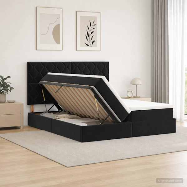 LED-valgustusega voodiraam peatsiga koos 2 madratsiga, must, 180 × 200 cm, samet