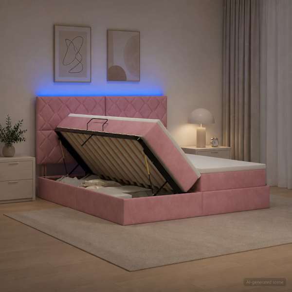 LED-valgustusega voodiraam peatsiga koos 2 madratsiga, roosa, 180 × 200 cm, samet — mudel 3460283