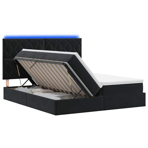 LED-valgustusega voodiraam peatsiga koos 2 madratsiga, must, 200 × 200 cm, samet — mudel 3460286