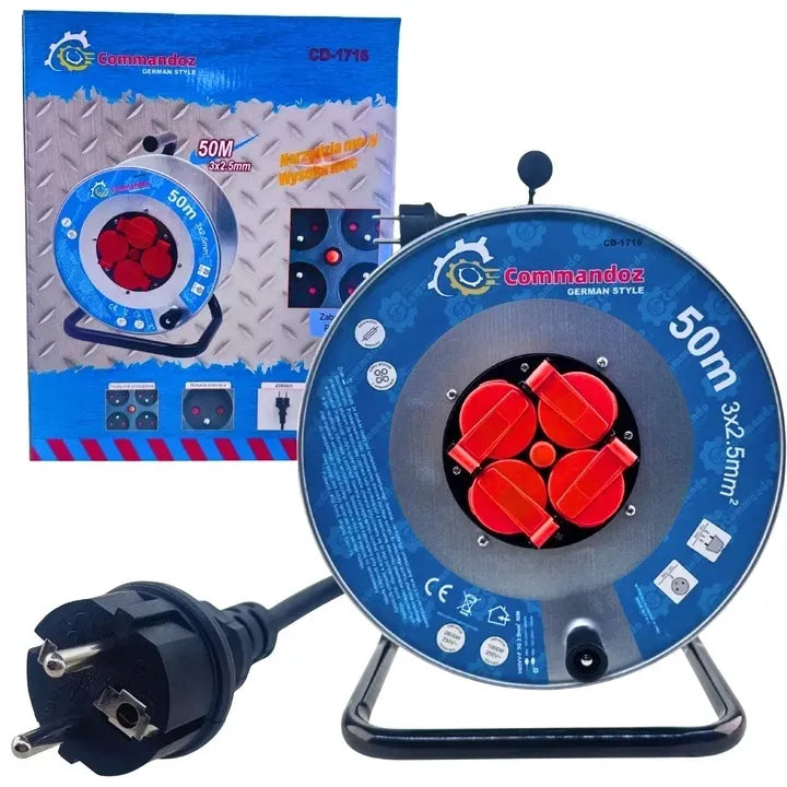 COMMANDOZ 50 m trummel-pikendusjuhe 3 × 2,5 mm², 4 pesa, IP44 CD-1716