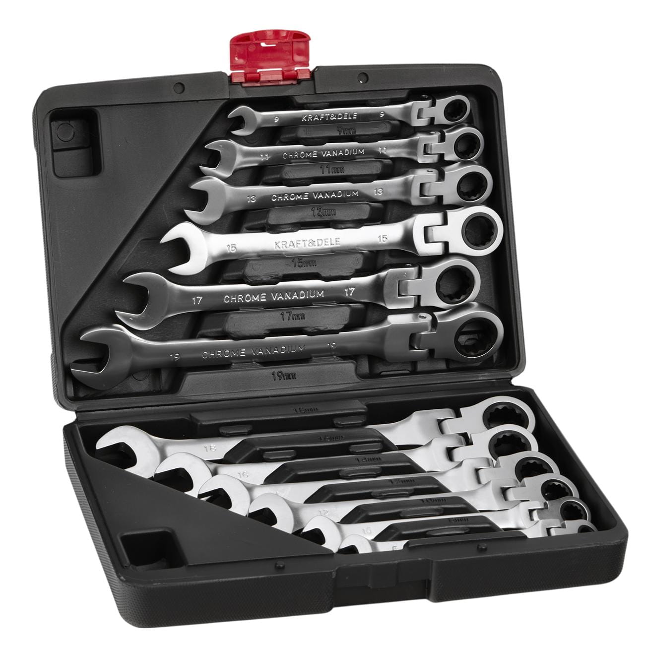 KRAFT&DELE käristiga leht-silmusvõtmete komplekt 8–19 mm, 12 tk KD11304