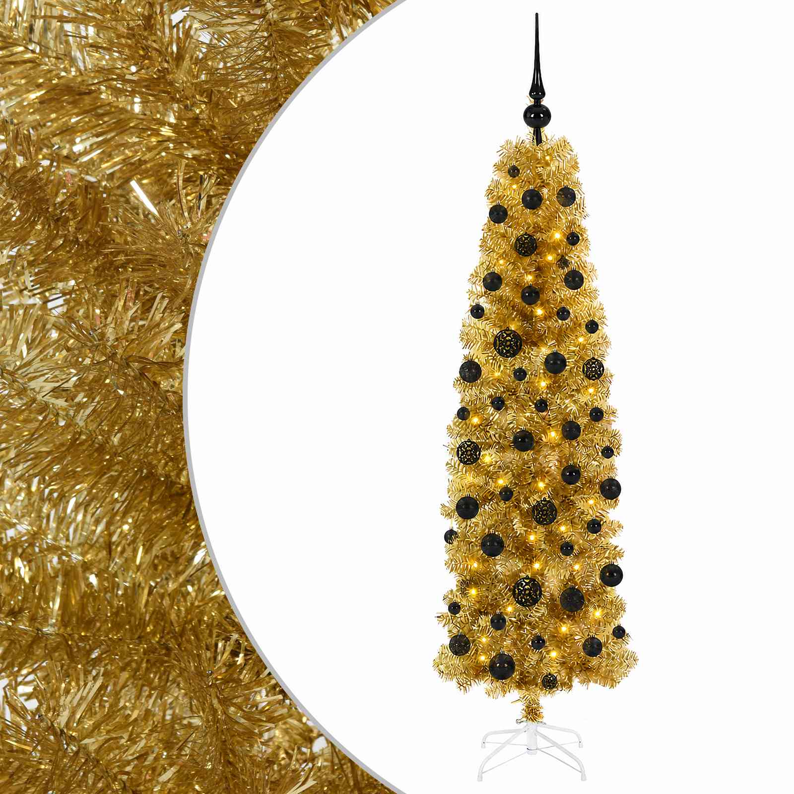 Kunstlik õhuke jõulupuu koos kaunistustega 210 cm 300 LED-i